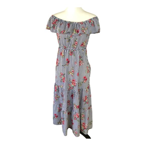 Soprano floral off shoulder striped ruffle tiered cottagecore midi dress Sz‎ S - Picture 1 of 11